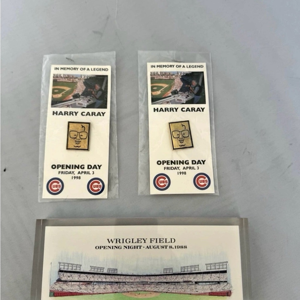 Harry Caray Opening Day Pins & Wrigley Field Opening Night Plaque